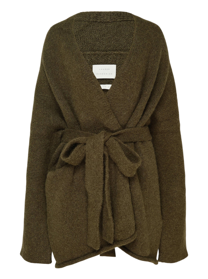 Lauren Manoogian Coto Belted Cardigan in olive, featuring a deep V-neck wrap silhouette and self-tie waist belt, flat lay on white background
