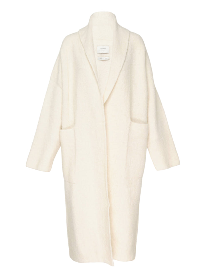 Lauren Manoogian Double Face Long Coat in ivory, displayed flat with shawl collar, dropped shoulders, patch pockets, and open-front silhouette