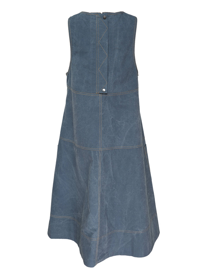 Lee Matthews Cecil Cotton Apron Dress in washed blue denim, featuring a V-neckline, A-line silhouette, contrast topstitching, and two front patch pockets - view 2
