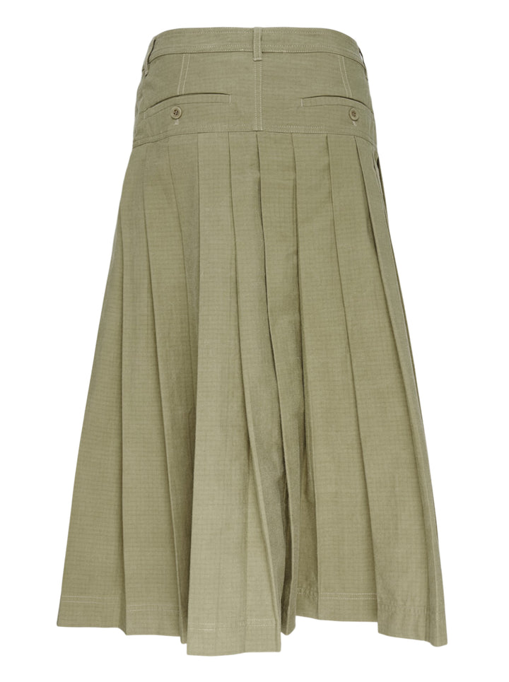 Lee Mathews Cecil Cotton Wrap Skirt in olive khaki, featuring a structured yoke, deep box pleats, button tab waistband, and midi length, photographed on a white background - view 2