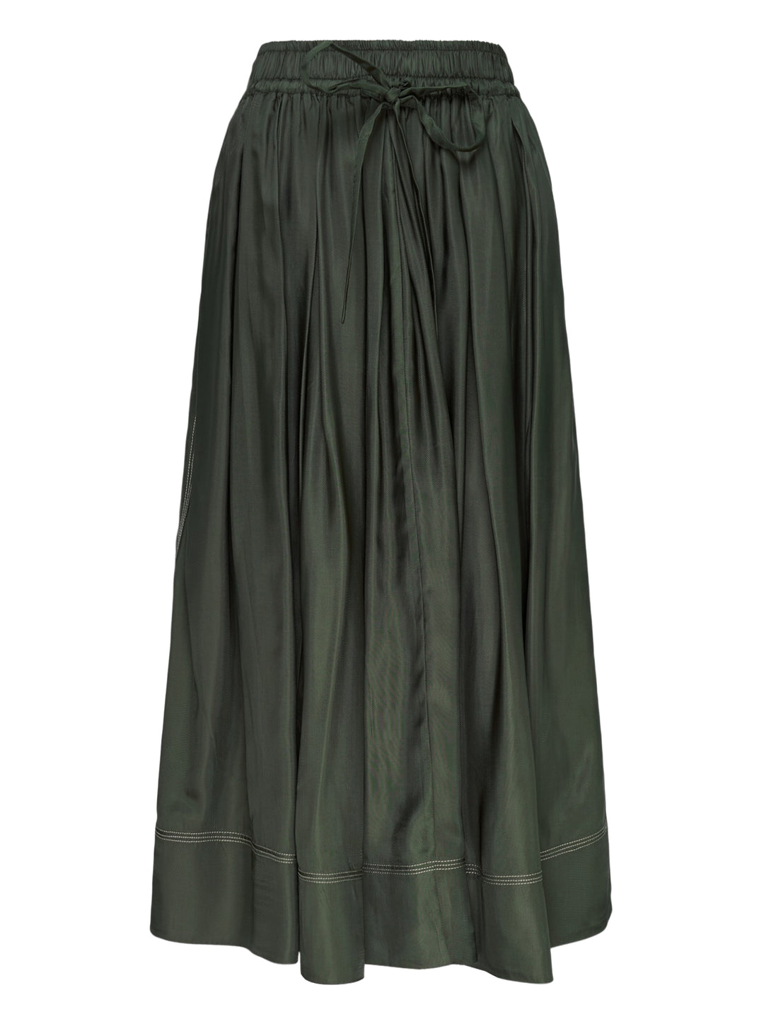 Lee Mathews Sloane Pleat Midi Skirt in deep forest green, featuring a smocked elastic waistband with drawstring tie, voluminous gathered pleats, and contrast hem stitching