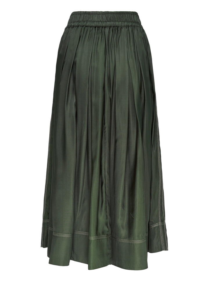 Lee Mathews Sloane Pleat Midi Skirt in deep forest green, featuring a smocked elastic waistband with drawstring tie, voluminous gathered pleats, and contrast hem stitching - view 2