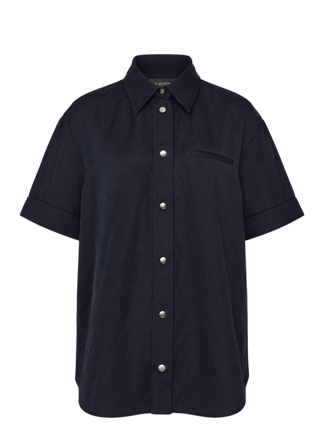 Lee Mathews Powell Short Sleeve Shirt in navy, featuring press-stud closure, turned-back cuffs, pointed collar, and a tonal chest pocket