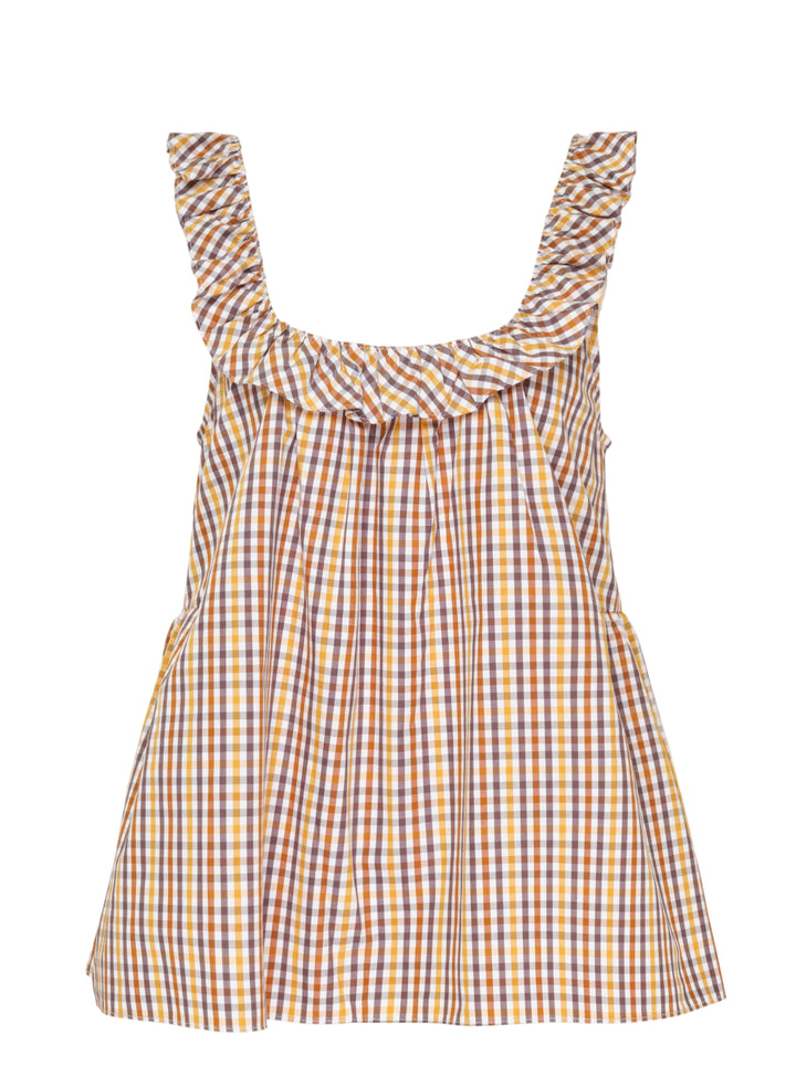 Lee Mathews Christie Poplin Check Top in an amber and brown gingham print, featuring a ruffled neckline and shoulder straps with a relaxed A-line silhouette, photographed flat on a white background