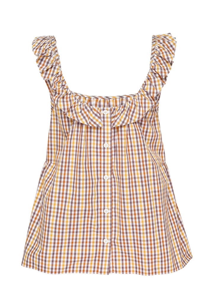 Lee Mathews Christie Poplin Check Top in an amber and brown gingham print, featuring a ruffled neckline and shoulder straps with a relaxed A-line silhouette, photographed flat on a white background - view 2