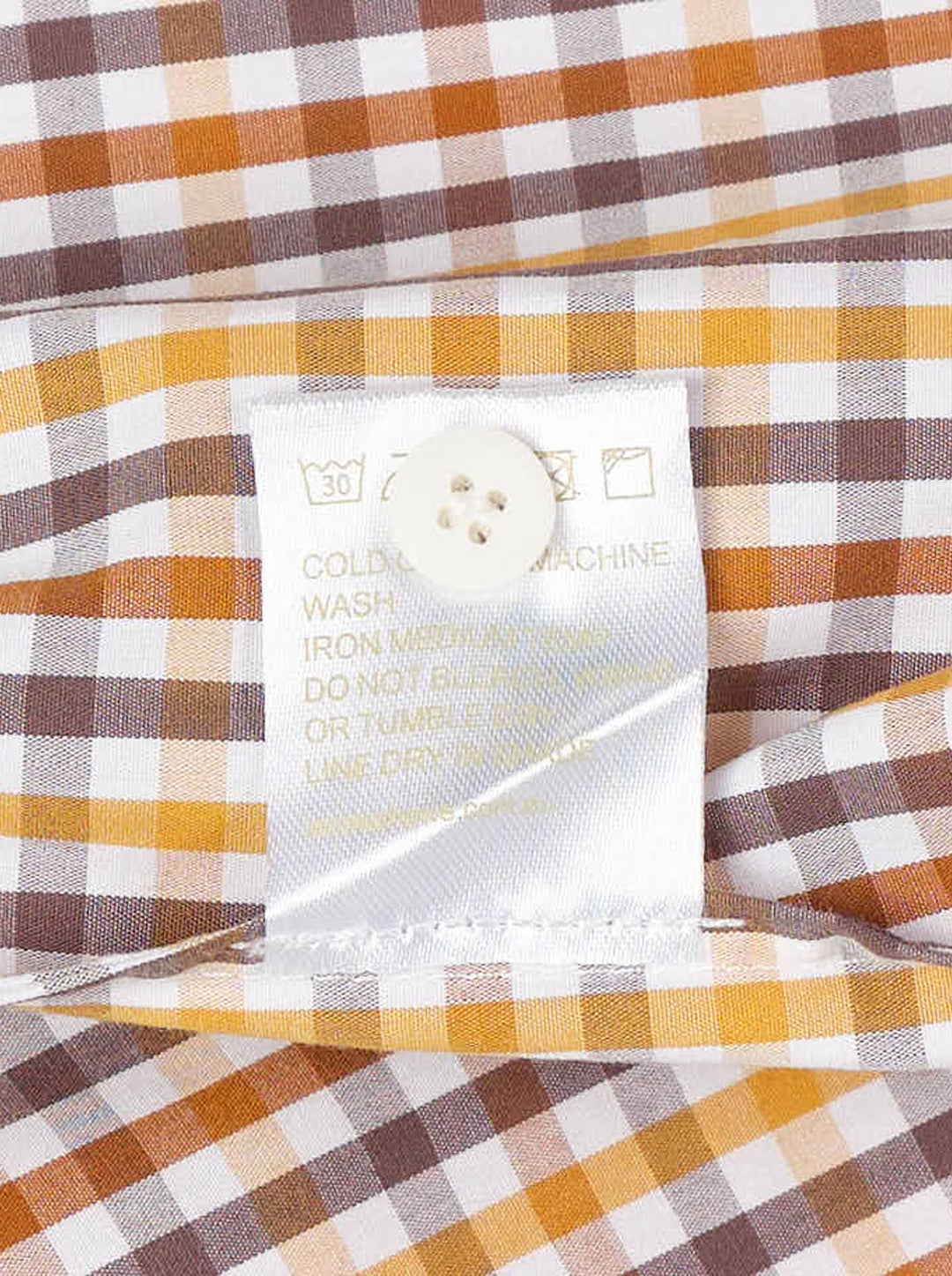 Lee Mathews Christie Poplin Check Top in an amber and brown gingham print, featuring a ruffled neckline and shoulder straps with a relaxed A-line silhouette, photographed flat on a white background - view 4