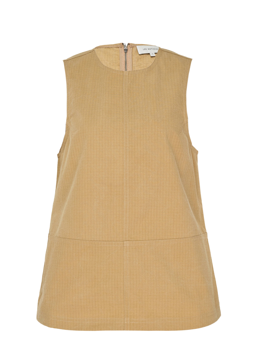 Lee Mathews Cecil Cotton Top in camel — sleeveless A-line woven top with fine stripe texture, centre seam, panel detailing, and back zip closure, shown front view