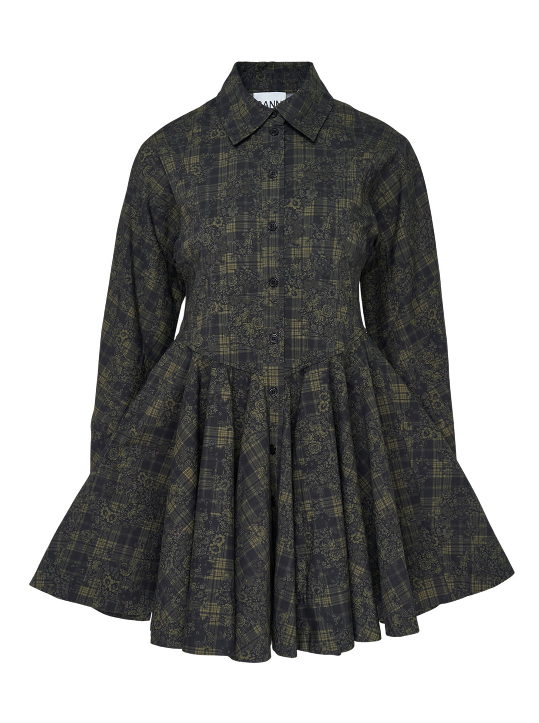 Ganni Printed Stretch Cotton Peplum Dress in dark green floral tartan, featuring a point collar, button-through front, and voluminous gathered skirt with ruffle hem