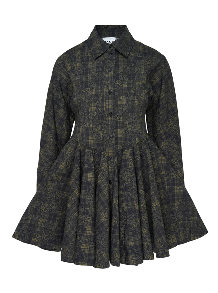 Ganni Printed Stretch Cotton Peplum Dress in dark green floral tartan, featuring a point collar, button-through front, and voluminous gathered skirt with ruffle hem