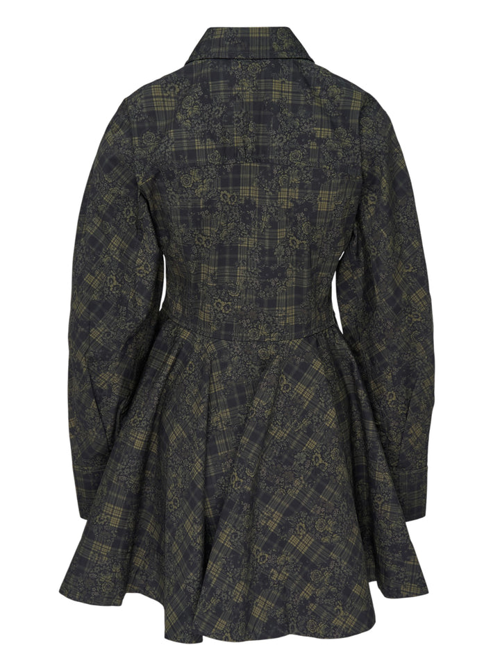 Ganni Printed Stretch Cotton Peplum Dress in dark green floral tartan, featuring a point collar, button-through front, and voluminous gathered skirt with ruffle hem - view 2