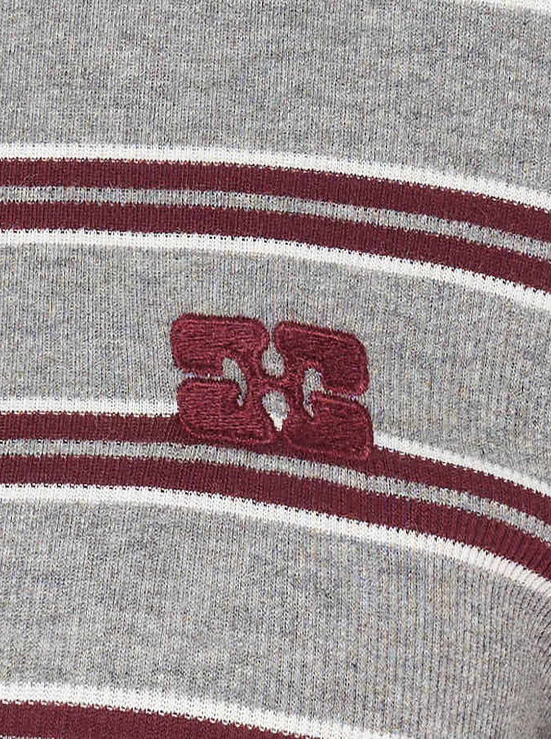 Ganni Soft Cotton Rib Long Sleeve Top in heathered grey with burgundy and olive-yellow horizontal stripes, featuring an embroidered Ganni logo on the chest and a round neckline - view 4