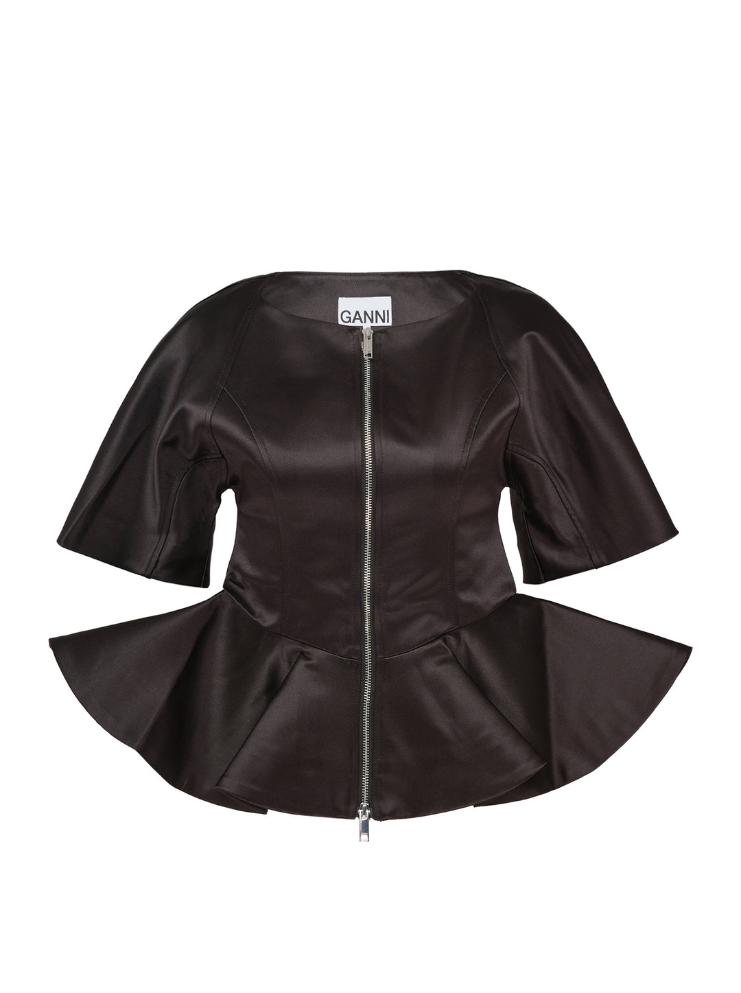 Ganni Duchesse Satin Peplum Zip Blouse in deep brown, displayed flat, featuring a full-length two-way zip, structured flared half-sleeves, and a dramatic fluted peplum hem