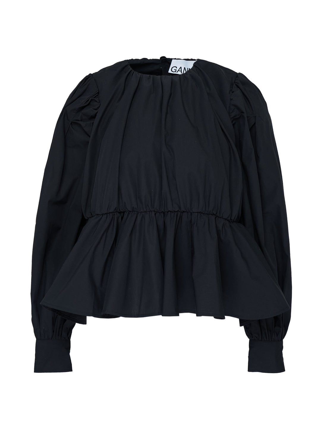 Ganni Compact Poplin Gathered Peplum Top in black, featuring a ruched neckline, voluminous long sleeves with elasticated cuffs, and a flared peplum hem with elasticated waistband
