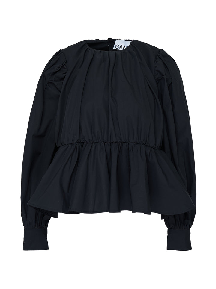 Ganni Compact Poplin Gathered Peplum Top in black, featuring a ruched neckline, voluminous long sleeves with elasticated cuffs, and a flared peplum hem with elasticated waistband