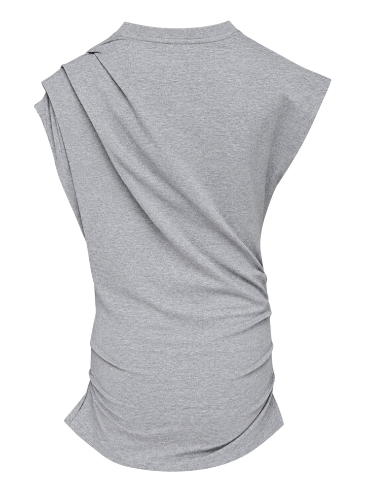 Ganni Stretch Heavy Jersey Draped Blouse in heather grey marl, featuring an asymmetric shoulder drape, mock neckline, cap sleeves, and gathered ruching at the hem - view 2