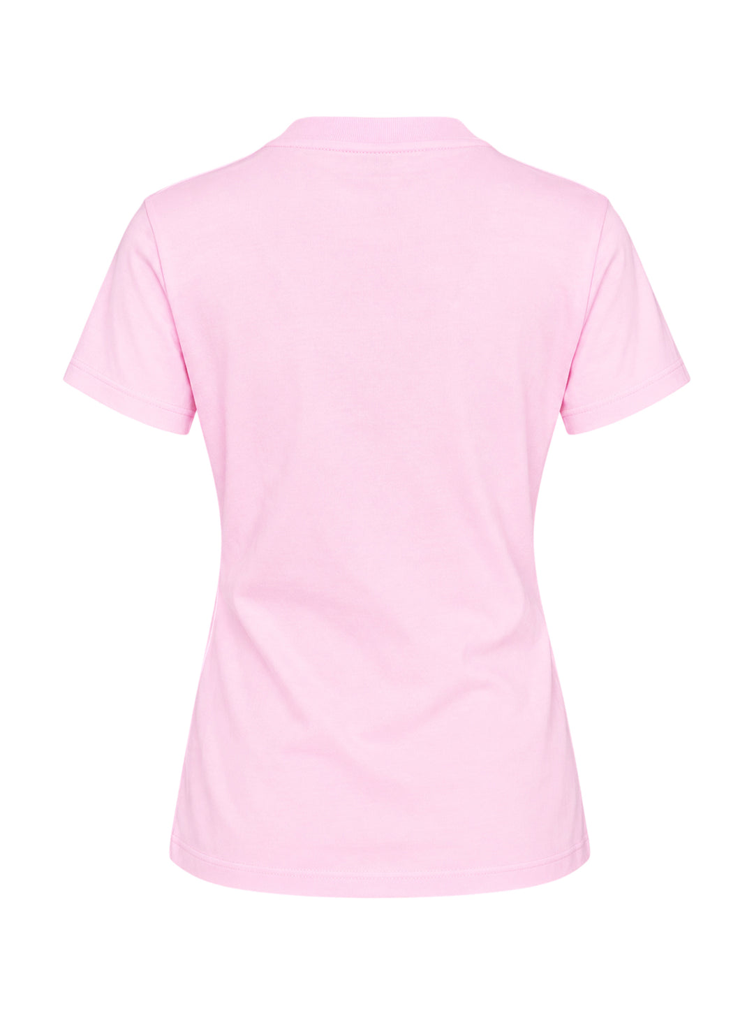Ganni pink cotton jersey baby fit tee with dripping Ganni logo graphic, illustrated teddy bear in a forest scene, and 'Have a nice day! Please recycle' slogan print on the front - view 2