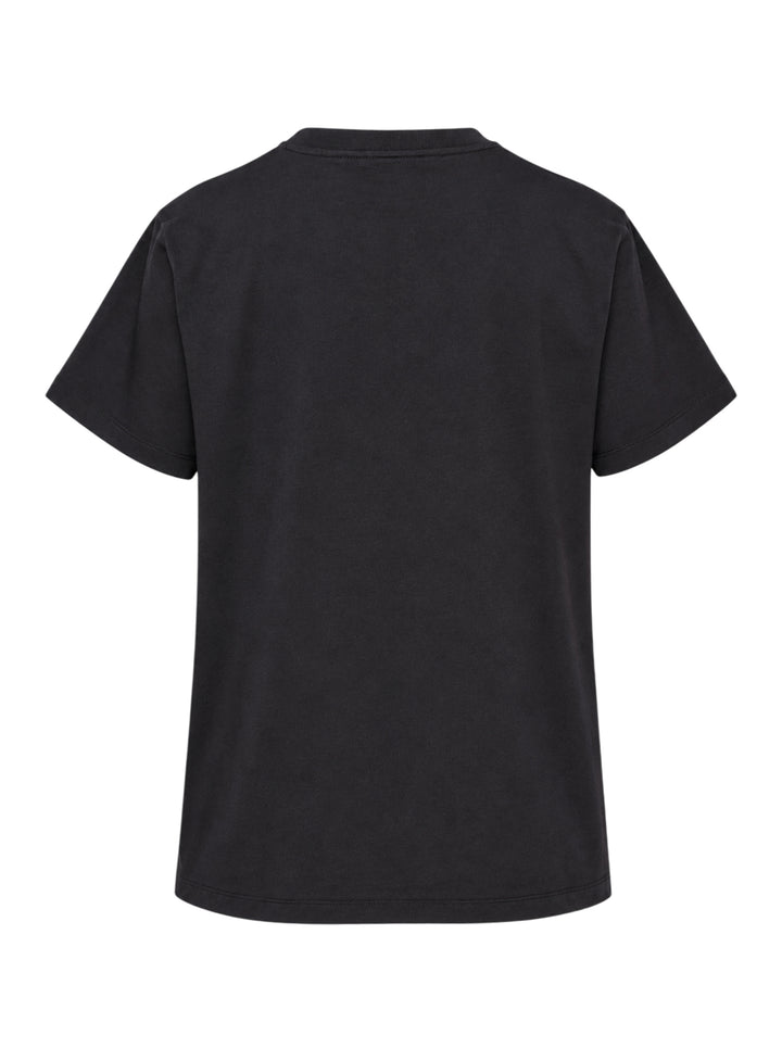 Ganni washed black relaxed cotton tee with distressed collegiate 'GANNI' lettering and a twin teddy bear mushroom graphic print reading 'Have a nice day! Please recycle' - view 2