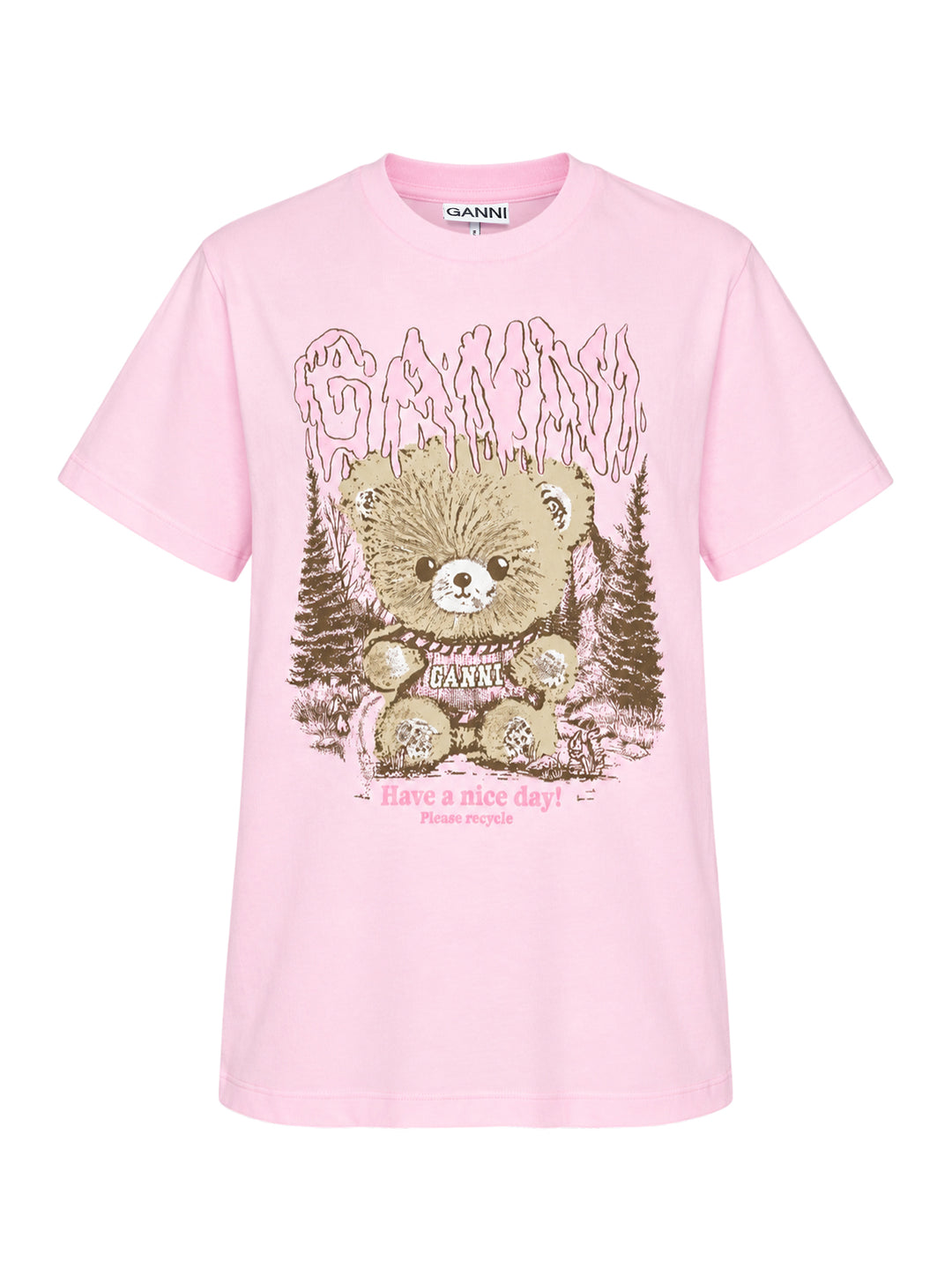Ganni pink relaxed cotton t-shirt with gothic logo lettering and fluffy teddy bear woodland graphic print and 'Have a nice day! Please recycle' slogan