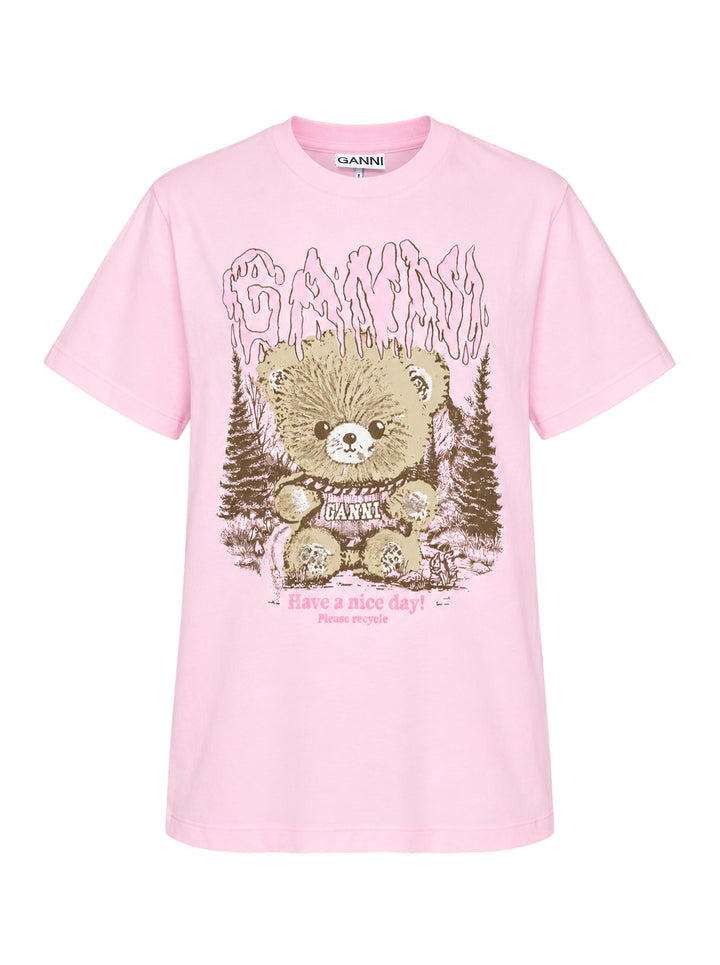 Ganni pink relaxed cotton t-shirt with gothic logo lettering and fluffy teddy bear woodland graphic print and 'Have a nice day! Please recycle' slogan