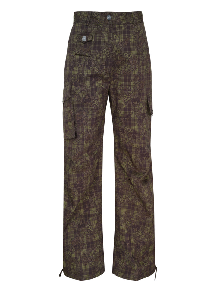 Ganni Stretch Cotton Cargo Pants in olive and burgundy mixed tartan and floral paisley print with cargo patch pockets and drawstring ankles, flat lay front view