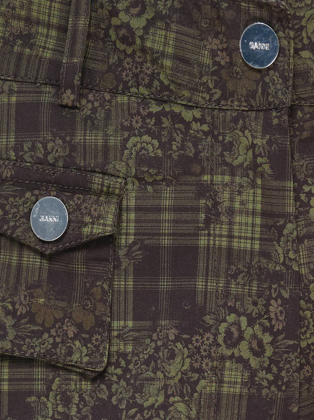 Ganni Stretch Cotton Cargo Pants in olive and burgundy mixed tartan and floral paisley print with cargo patch pockets and drawstring ankles, flat lay front view - view 3
