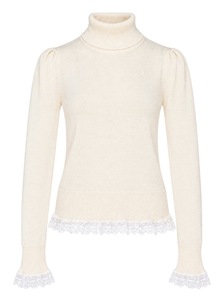 Ganni ivory merino wool turtleneck with puff sleeves, fluted lace-trimmed cuffs, and white lace frill hem detail, product flat lay on white background