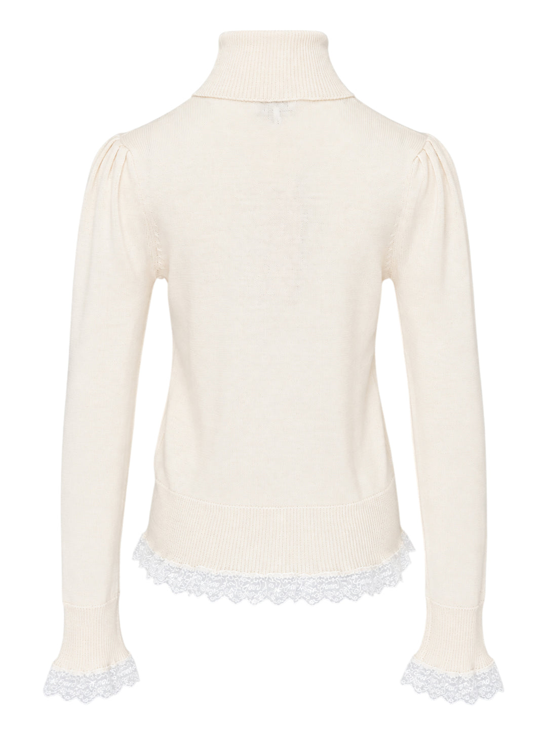 Ganni ivory merino wool turtleneck with puff sleeves, fluted lace-trimmed cuffs, and white lace frill hem detail, product flat lay on white background - view 2