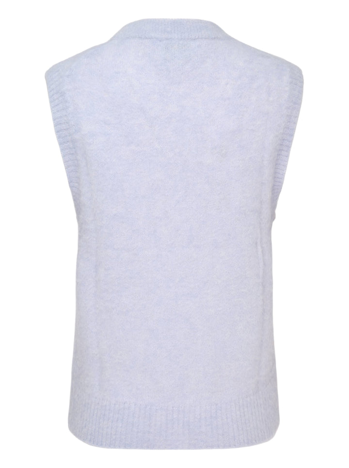 Ganni Brushed Alpaca Teddy Vest in pale lavender with intarsia teddy bear and rock-style logo graphic on the front - view 2