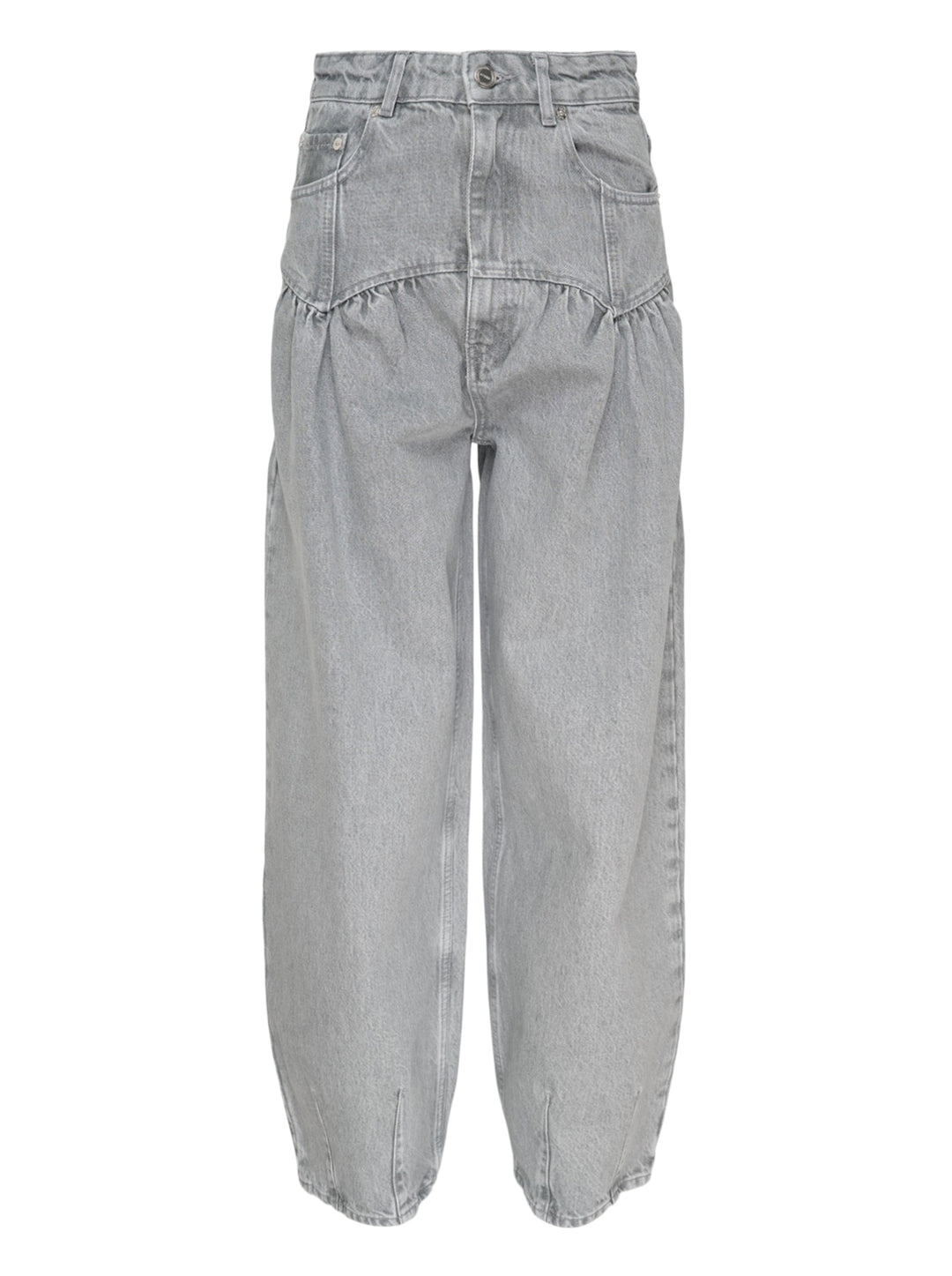 Ganni Rigid Denim Corset Jeans in light grey, featuring a high-rise waist, ruched corset seaming at the hip, and a wide balloon-leg silhouette tapering to small hem vents — front view on white background