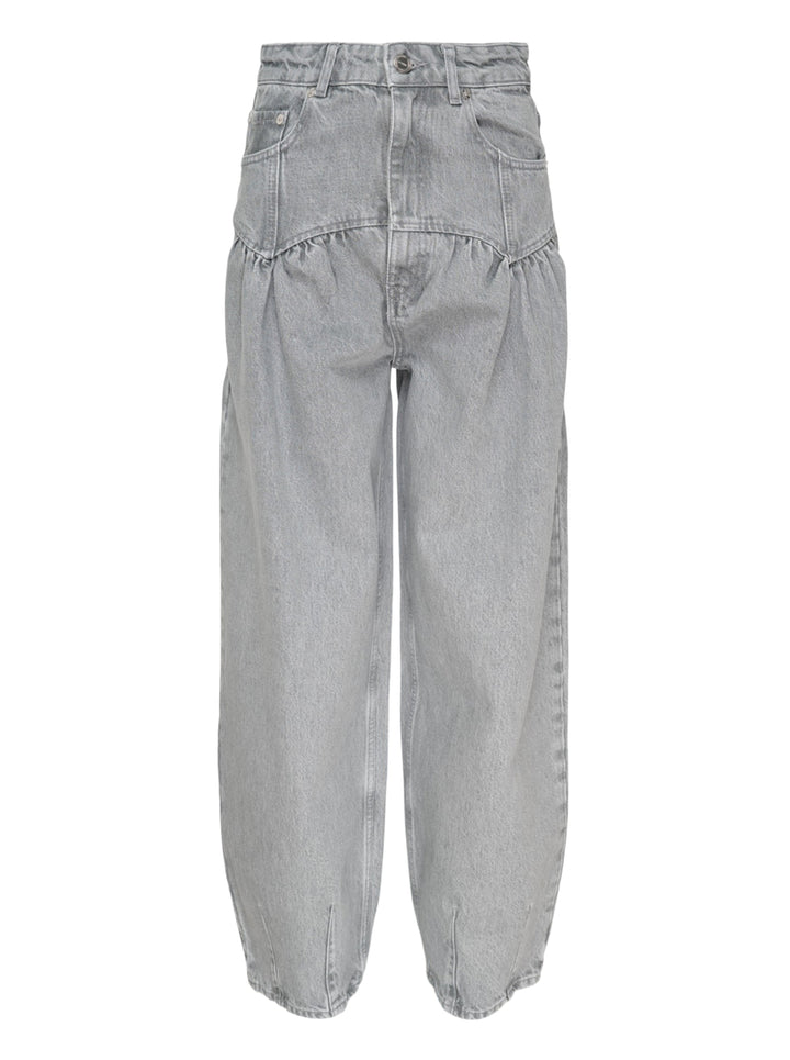 Ganni Rigid Denim Corset Jeans in light grey, featuring a high-rise waist, ruched corset seaming at the hip, and a wide balloon-leg silhouette tapering to small hem vents — front view on white background