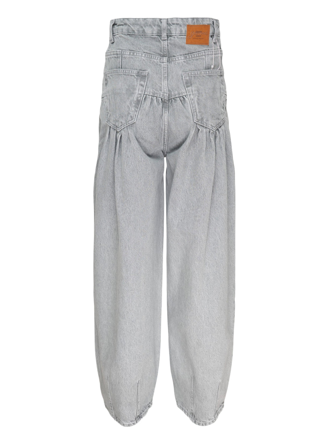 Ganni Rigid Denim Corset Jeans in light grey, featuring a high-rise waist, ruched corset seaming at the hip, and a wide balloon-leg silhouette tapering to small hem vents — front view on white background - view 2