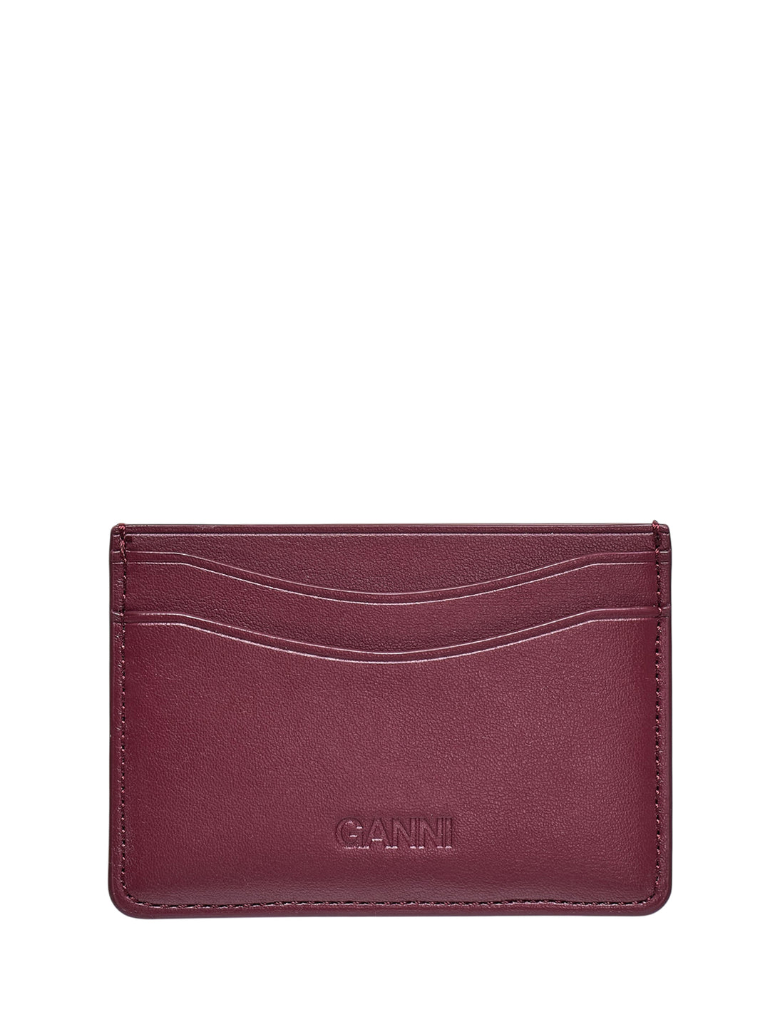 Ganni Bou Printed Card Holder in burgundy leather with Bou Bear forest illustration and pink butterfly resin hardware, front view - view 2