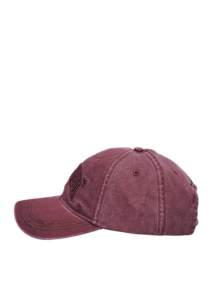 Ganni washed cotton baseball cap in burgundy with tonal arched logo embroidery and hand-drawn script and floral motif details on the front panel - view 2