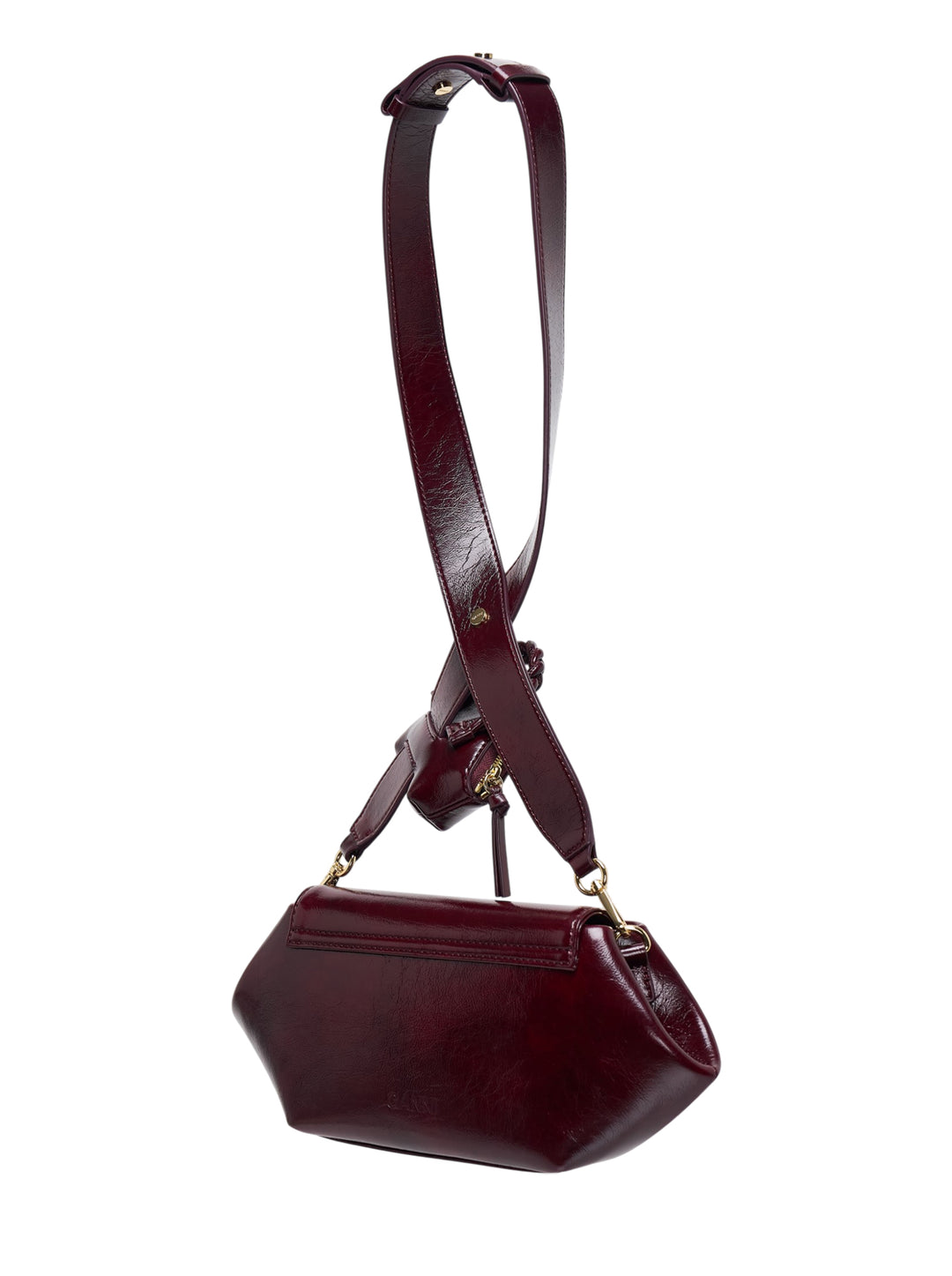 GANNI Bou East/West crossbody bag in glossy deep-burgundy with crossover strap, braided knot detail and attached mini zip pouch - view 2