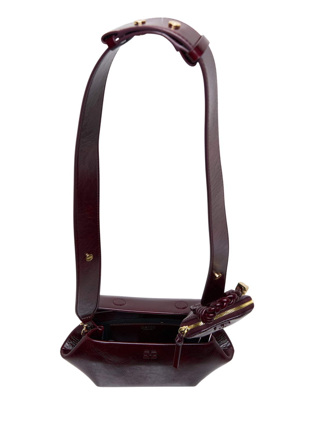GANNI Bou East/West crossbody bag in glossy deep-burgundy with crossover strap, braided knot detail and attached mini zip pouch - view 3