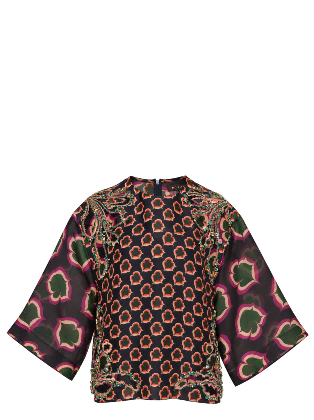 Biyan embellished mix-print organza silk top with contrasting floral medallion body print and oversized bloom kimono sleeves, featuring beaded scrollwork along the shoulder and hem