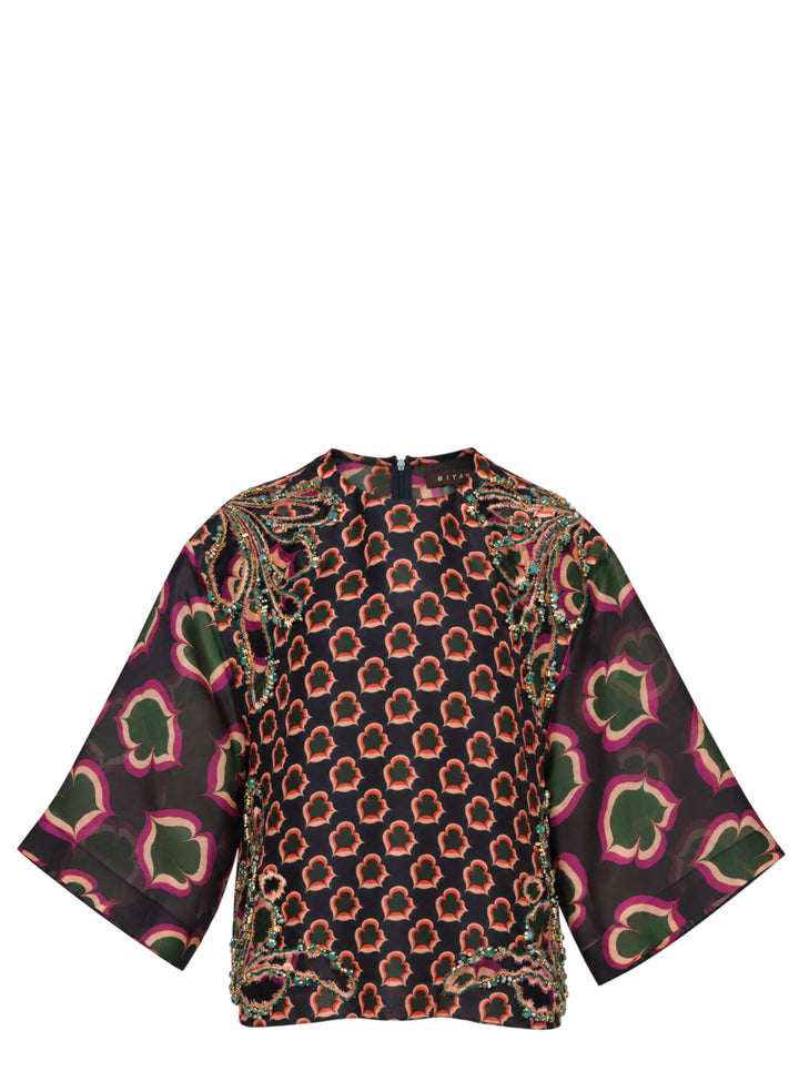 Biyan embellished mix-print organza silk top with contrasting floral medallion body print and oversized bloom kimono sleeves, featuring beaded scrollwork along the shoulder and hem