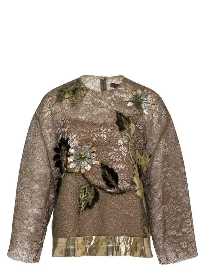 Biyan beaded lace and lamé long sleeve top with sequined floral appliqués, velvet leaf embroidery, and a metallic pleated hem band