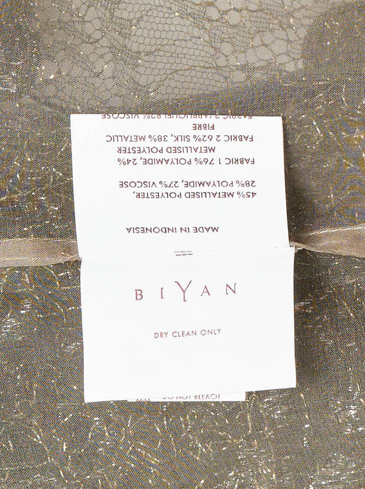 Biyan beaded lace and lamé long sleeve top with sequined floral appliqués, velvet leaf embroidery, and a metallic pleated hem band - view 4
