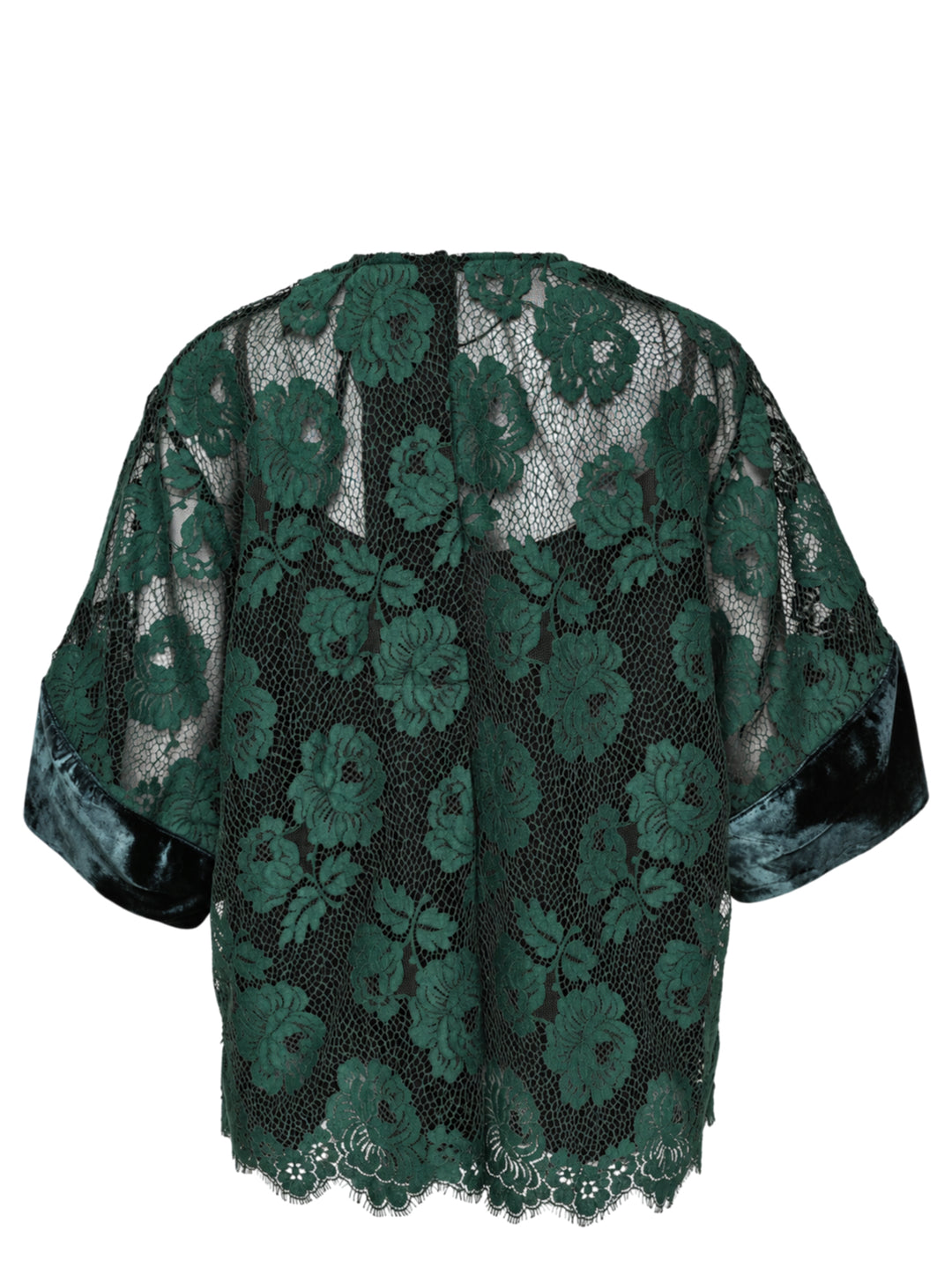 Biyan beaded lace and velvet blouse in deep green, featuring floral lace overlay, jewelled velvet appliqués with crystal embroidery, velvet sleeve panels, crew neck with rear zip, and a scalloped lace hem - view 2