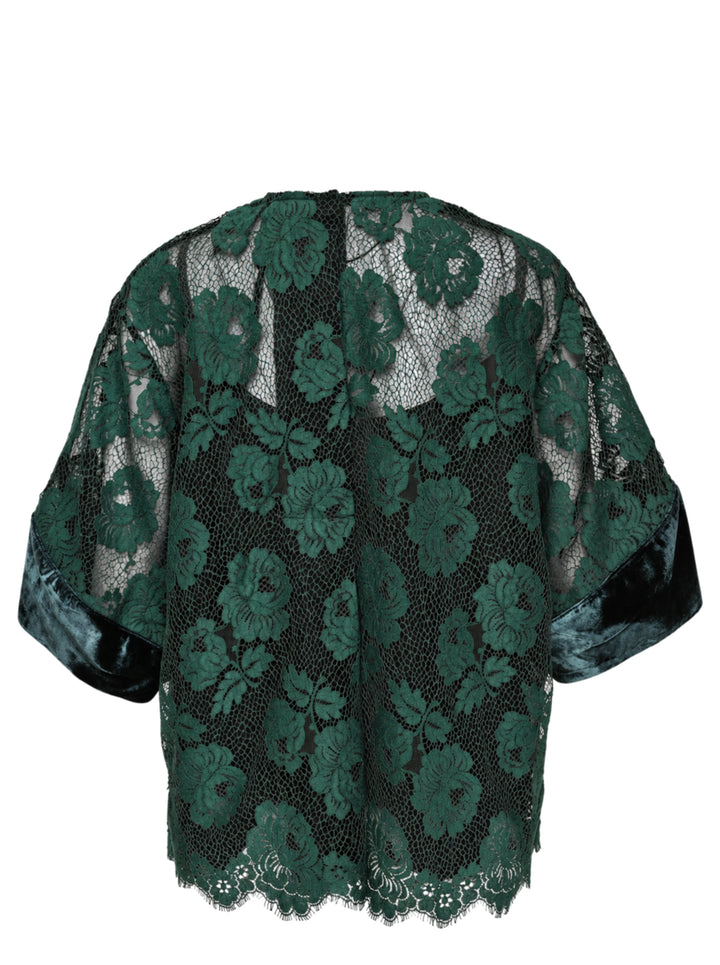 Biyan beaded lace and velvet blouse in deep green, featuring floral lace overlay, jewelled velvet appliqués with crystal embroidery, velvet sleeve panels, crew neck with rear zip, and a scalloped lace hem - view 2