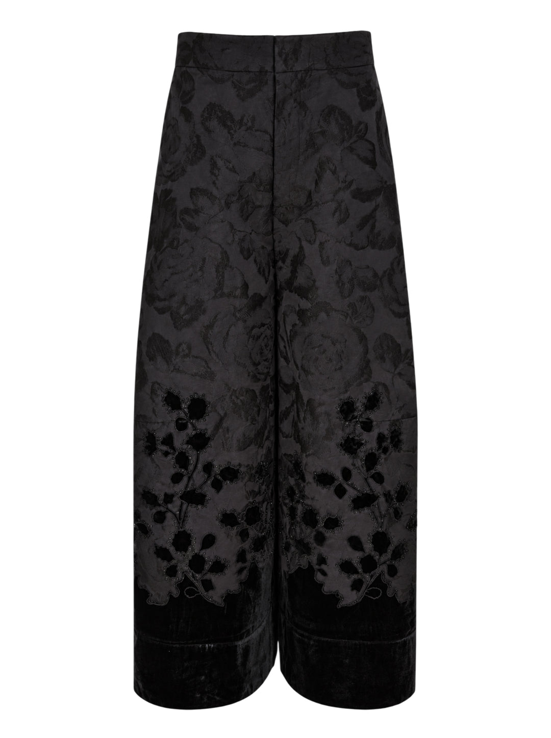 Biyan black lamé jacquard wide leg trousers with all-over rose brocade pattern, broderie anglaise cutwork floral hem border with beaded scallop edging, and velvet cuff finish, photographed flat on a white background