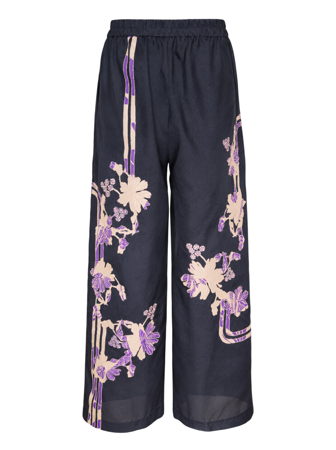 Biyan floral organza silk wide-leg pants in navy with blush and purple botanical print and elasticated waistband - view 2