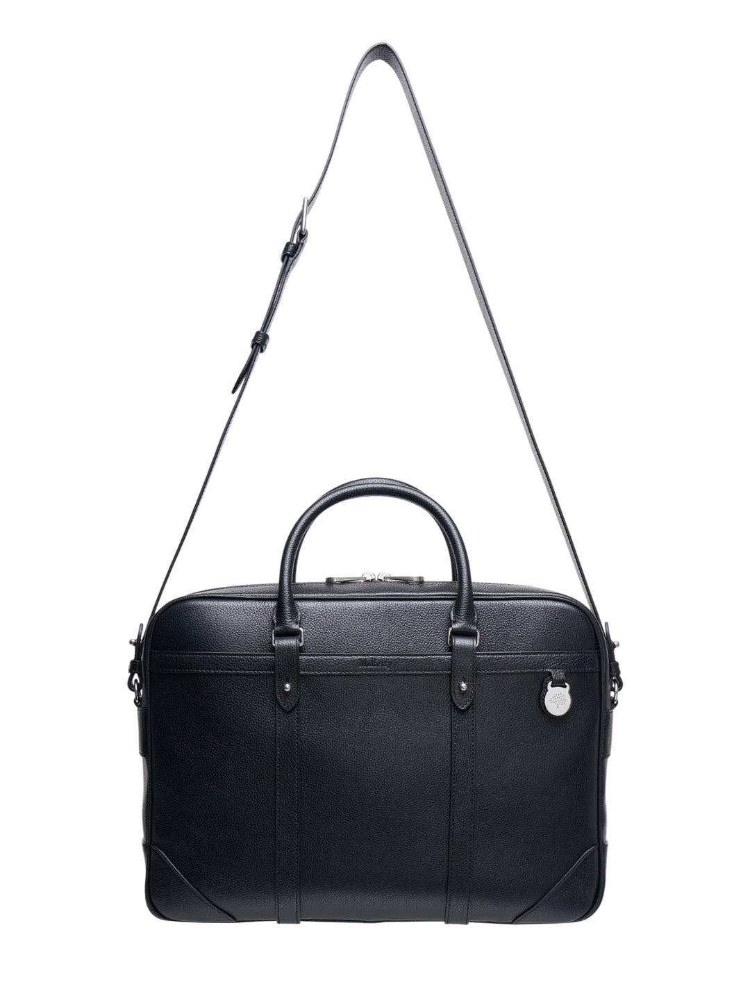 Mulberry Heritage Briefcase in black pebbled leather with dual rolled top handles, adjustable shoulder strap, silver-tone zip closure, and embossed tree medallion charm