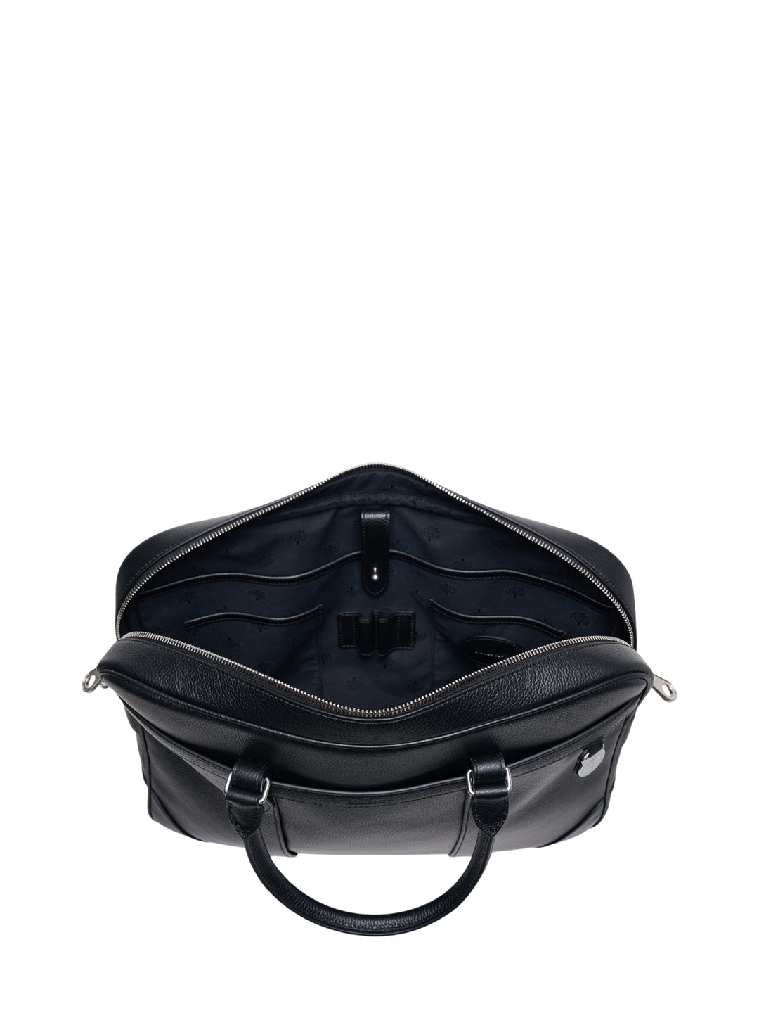 Mulberry Heritage Briefcase in black pebbled leather with dual rolled top handles, adjustable shoulder strap, silver-tone zip closure, and embossed tree medallion charm - view 3