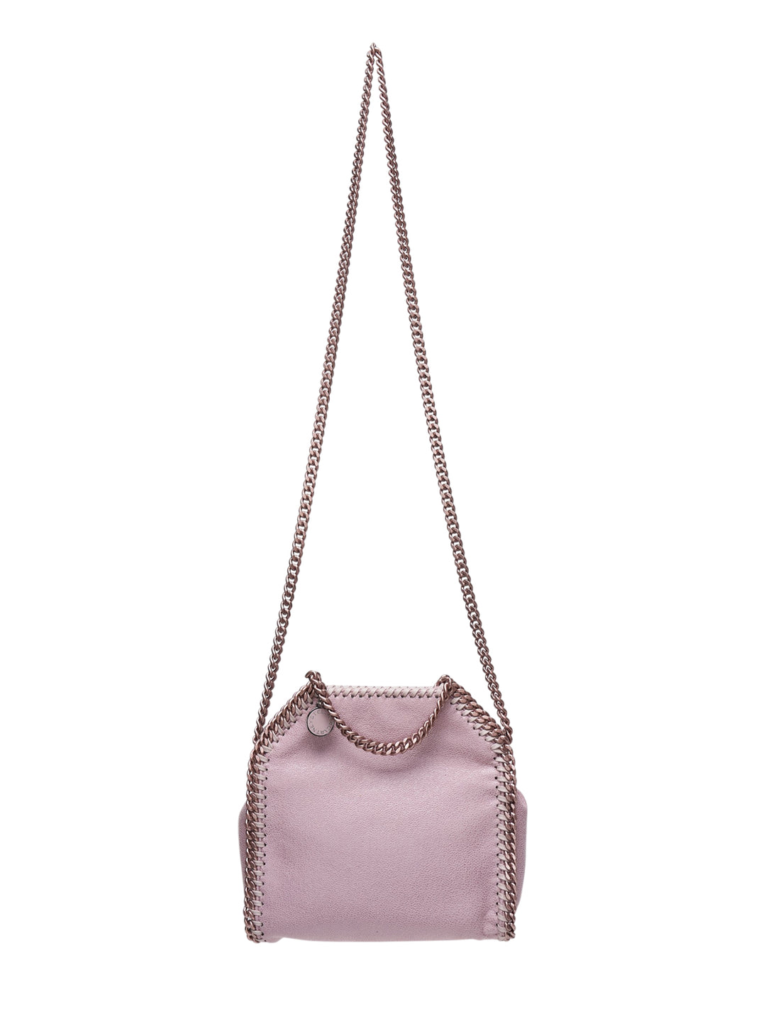 Stella McCartney Falabella Tiny Tote crossbody bag in blush pink eco shaggy material with rose gold chain trim and long chain shoulder strap