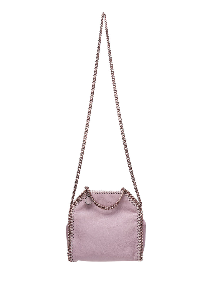 Stella McCartney Falabella Tiny Tote crossbody bag in blush pink eco shaggy material with rose gold chain trim and long chain shoulder strap