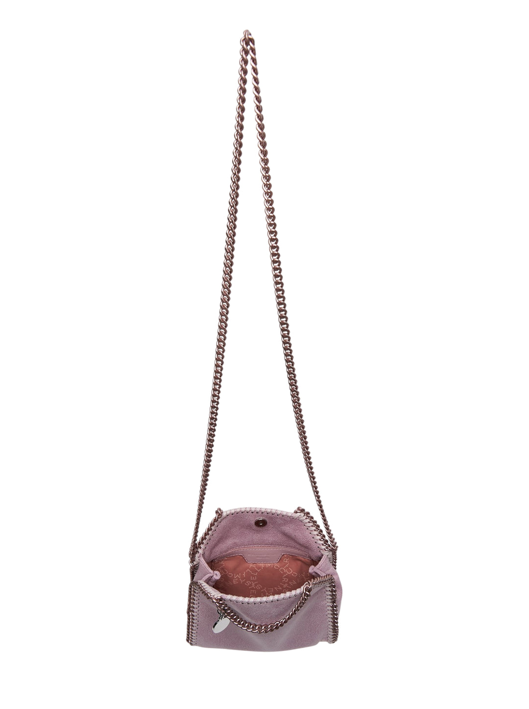 Stella McCartney Falabella Tiny Tote crossbody bag in blush pink eco shaggy material with rose gold chain trim and long chain shoulder strap - view 3