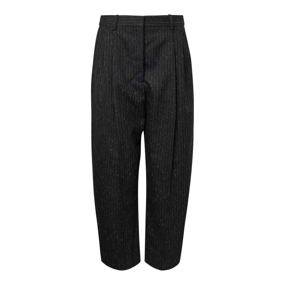 Stella McCartney Balloon Tapered Cropped Pants in dark metallic pinstripe, featuring a high waist, forward pleats, and a sculpted balloon silhouette tapering to a cropped hem