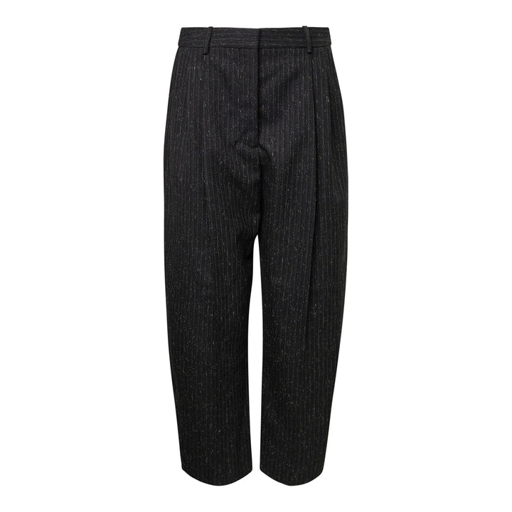 Stella McCartney Balloon Tapered Cropped Pants in dark metallic pinstripe, featuring a high waist, forward pleats, and a sculpted balloon silhouette tapering to a cropped hem